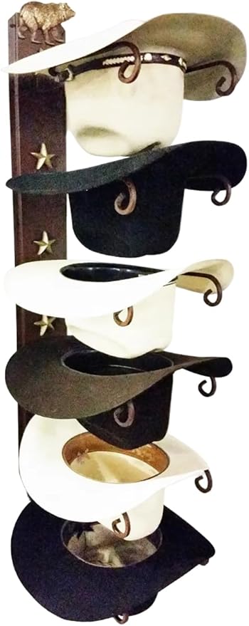 6-Hat Cowboy Hat Rack – Crown Down Wall Mount – Embossed Bear with Gold Hand Finish – American Made Steel