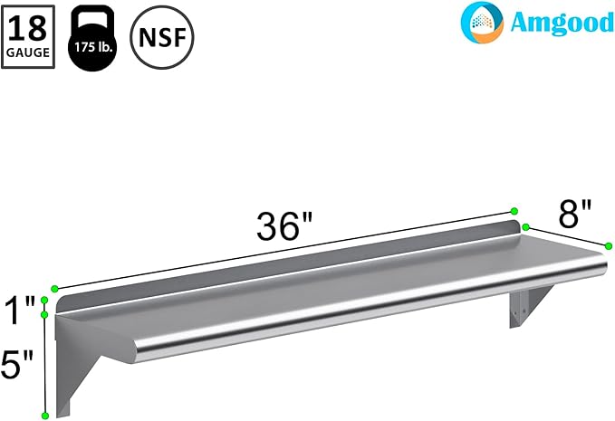 AmGood 8 in. x 36 in. Stainless Steel Wall Shelf | NSF | Metal Shelving | Garage, Laundry, Storage, Utility Room | Restaurant, Commercial Kitchen