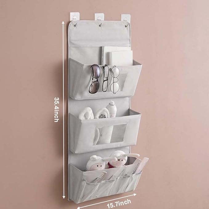 Over The Door Hanging Organizer with 2 Clear Pockets, Behind The Door Storage, Diaper Closet Hanging Baby Storage Makeup Organizer - Grey