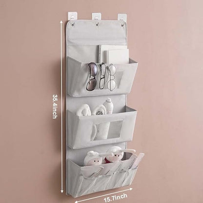 Over The Door Hanging Organizer with 2 Clear Pockets, Behind The Door Storage, Diaper Closet Hanging Baby Storage Makeup Organizer - Grey