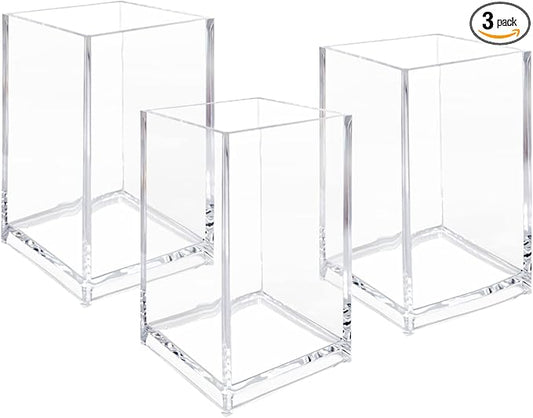 Newkita 3 Pack Clear Acrylic Cosmetic Pencil Pen Holder Cup, Clear Makeup Brush Holder, Desk Acrylic Brushes Storage