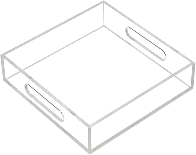 KEVLANG Clear Sturdy Acrylic Tray with Handles-8"x8"x2"H-Countertop Organizer Tray for Kitchen,Bathroom,Office- Storage Box for Cosmetics, Jewelry,Toiletries,Toy,Gadgets