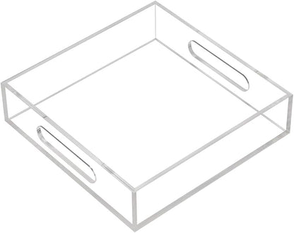 KEVLANG Clear Sturdy Acrylic Tray with Handles-8"x8"x2"H-Countertop Organizer Tray for Kitchen,Bathroom,Office- Storage Box for Cosmetics, Jewelry,Toiletries,Toy,Gadgets