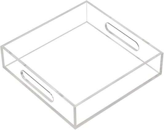 KEVLANG Clear Sturdy Acrylic Tray with Handles-8"x8"x2"H-Countertop Organizer Tray for Kitchen,Bathroom,Office- Storage Box for Cosmetics, Jewelry,Toiletries,Toy,Gadgets