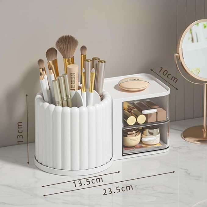 Makeup Organizer Countertop,360 Rotating Makeup Brush Holder with 2 Drawer Organizer, Small Preppy Kids Desk Organizer|9.25x5.11inch|White
