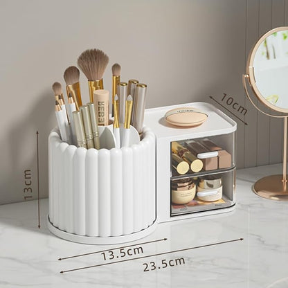 Makeup Organizer Countertop,360 Rotating Makeup Brush Holder with 2 Drawer Organizer, Small Preppy Kids Desk Organizer|9.25x5.11inch|White