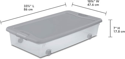 Sterilite 12 Pack Wheeled Under Bed Storage Container, 56 Qt Plastic Bin with Latching Lid for Organization - Clothes & Shoes Organizer, Silver Tint