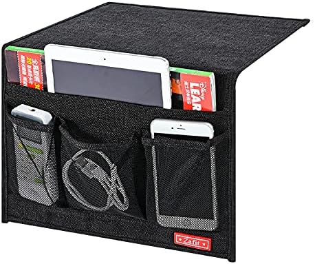 Zafit Linen 4 Pockets Bedside Caddy, Bedside Storage Organizer for Magazine, Remotes, Phone (Classic Black) - Image 2