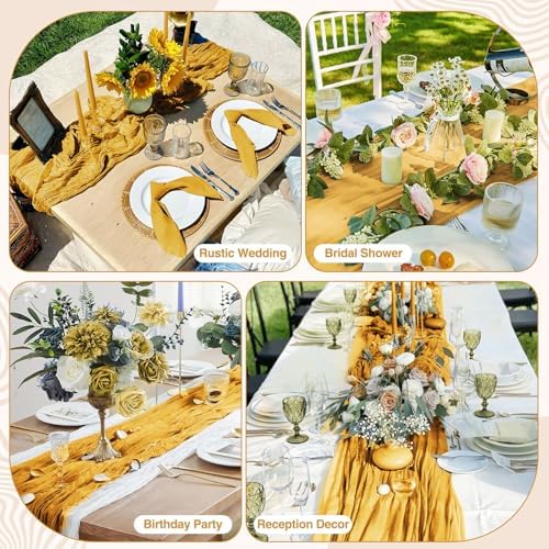 12 Pack Gold Cheesecloth Table Runner 17x108 Inch Boho Gauze Cheese Cloth Table Runners Rustic Sheer Runner for Wedding Party Baby Shower Birthday Home Decor - Image 6