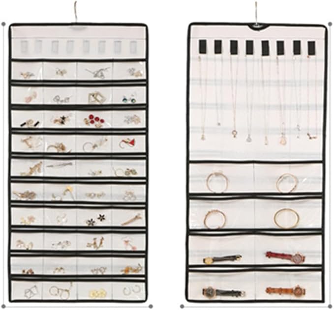 ONEPEACE Hanging Jewelry Organizer: Necklace & Earring Holder with Pockets for Closet, Wall or Door (Beige)