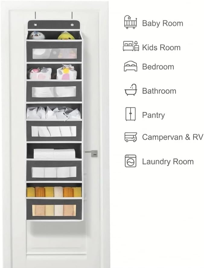 MIMONTALVOSHOP Over the Door Hanging Organizer, 5 Pockets, Gray, 44 LBS Capacity, 43.31x11.81in, for Pantry, Bathroom, Bedroom