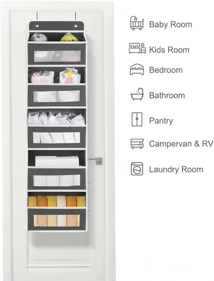 MIMONTALVOSHOP Over the Door Hanging Organizer, 5 Pockets, Gray, 44 LBS Capacity, 43.31x11.81in, for Pantry, Bathroom, Bedroom