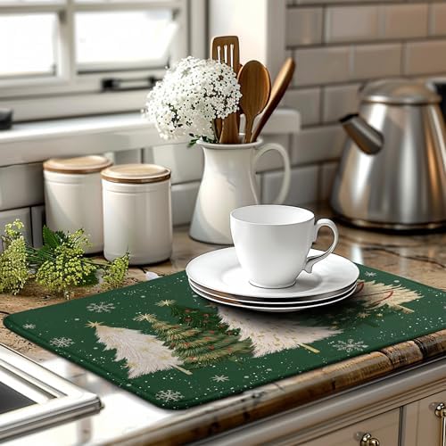 Green Christmas Tree Snowflakes Dish Drying Mat for Kitchen Counter 18x24 Inch Winter Xmas Holiday Dish Rack Mat Absorbent Microfiber Dish Draining Mat Reversible Drainer Pad - Image 2