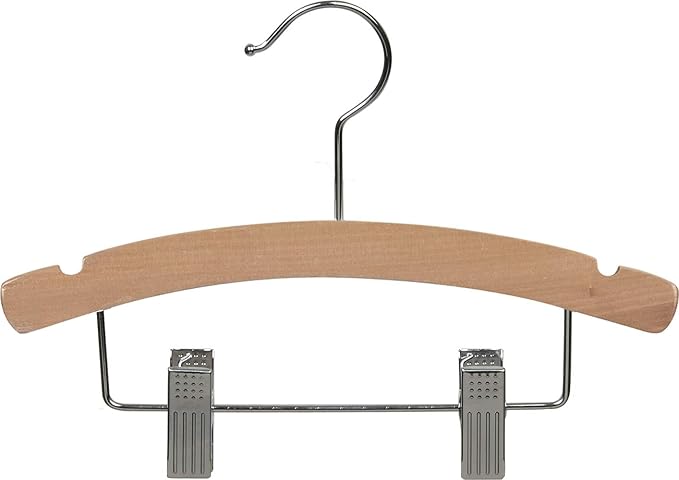 Wooden Kids Combo Hanger w/Adjustable Cushion Clips, Box of 50 12 Inch Wood Top Hangers w/Natural Finish & Chrome Swivel Hook for Childrens Clothes