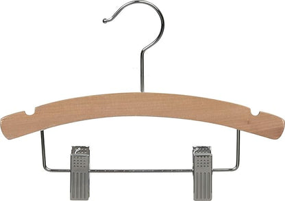 Wooden Kids Combo Hanger w/Adjustable Cushion Clips, Box of 50 12 Inch Wood Top Hangers w/Natural Finish & Chrome Swivel Hook for Childrens Clothes