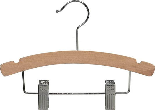 Wooden Kids Combo Hanger w/Adjustable Cushion Clips, Box of 50 12 Inch Wood Top Hangers w/Natural Finish & Chrome Swivel Hook for Childrens Clothes