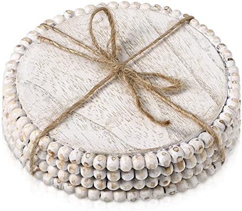 Honeydak 4 Pcs Wooden Coasters Set Round Beaded Coaster 4.7in, Beige by Honeydak