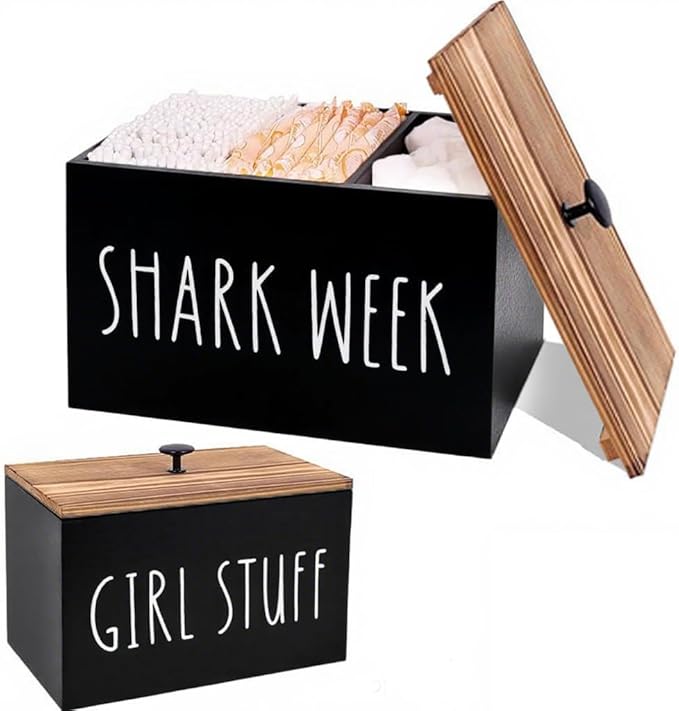 Tampon Holder for Bathroom Decor Feminine Product Organizer with Lid Movable Partition Storage Container Feminine Product Wood Tampon Dispenser Bathroom Accessories Box for Girl Stuff (Black)