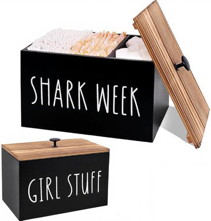 Tampon Holder for Bathroom Decor Feminine Product Organizer with Lid Movable Partition Storage Container Feminine Product Wood Tampon Dispenser Bathroom Accessories Box for Girl Stuff (Black)