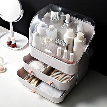 LINFIDITE Cosmetic Storage Box with Lid Waterproof&Dustproof Makeup Organizer Box Portable Handle,Large Makeup Display Case with Drawers Fully Open Lid,Great for Bathroom Countertop Bedroom Dresser