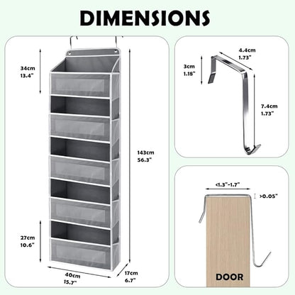 Over The Door Storage Organizer with 5 Extra Large Pockets & Side Mesh Pouches, Hanging Closet Door Organizer for Bedroom, Pantry, Nursery, Anti-Tilt Design, Fits 1.6" Doors-Dark Gray