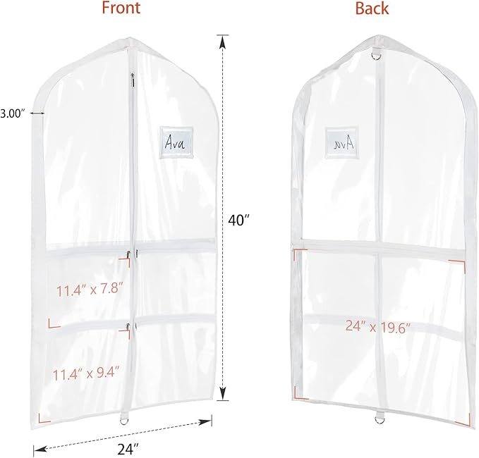 Univivi Clear Garment Bags for Dance Costumes, 40 Inch Dance Costume Garment Bags for Dancers, with 4 Medium Clear Zipper Pockets and 1 Large Back Zippered Pocket (2 Pack)