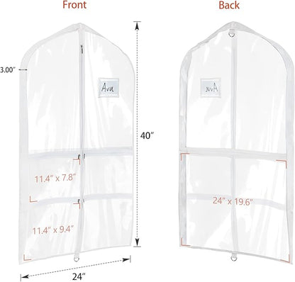 Univivi Clear PVC Dance Costume Garment Bag 40 Inch Hanging Garment Bag for Dance for Kids, with 4 Medium Clear Zipper Pockets and 1 Large Back Zippered Pocket (8 Pack)