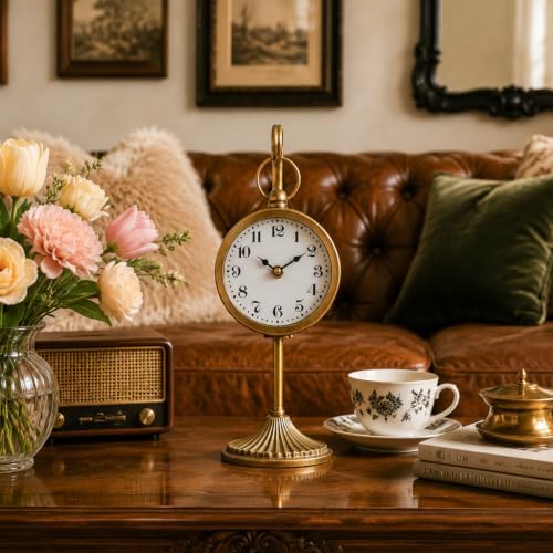 Vintage Gold Metal Table Clock, Small Farmhouse Table Clock, Silent Battery Operated Non-Ticking Desk and Shelf Clocks for Living Room, Kitchen, Shelf, Bedroom Decor - Image 4
