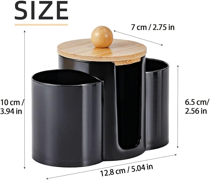 3-in-1 Q-Tip Holder for Bathroom – Premium Vanity Organizer Canister with Dustproof Lid for Cotton Swabs, Balls and Pads, Countertop Storage Container（Black）
