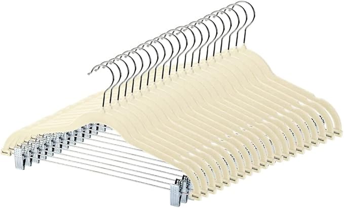 Velvet Pants Skirt Hangers with Clips - Pack of 20 Beige Women Clothes Hanger Set with Clip for Pant Suit Shirt Felt Coat Dress, Premium Non Slip Heavy Duty Space Saving Slim Clothing, 16.7 Inch Long