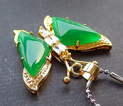 Yellow Gold Plate CHINESE Green JADE Pendant Butterfly Diamond Imitation 100790, 33mm X 23mm X 7mm