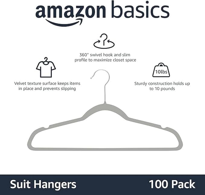 Amazon Basics Slim Velvet Non-Slip Space Saving Suit Clothes Hangers for Closet Organization, Gray/Silver, 100-Pack