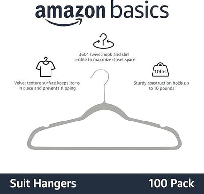 Amazon Basics Slim Velvet Non-Slip Space Saving Suit Clothes Hangers for Closet Organization, Gray/Silver, 100-Pack