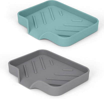 Silicone Soap Dish for Shower with Self Draining, 2 Pack Soap Holder for Bathroom, Silicone Sponge Holder for Kitchen Sink, Soap Tray for Dispenser, Scrubber, Bottle, 4.7"×3.9", Gray & Teal