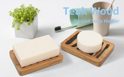 Slotted Soap Dish 2 Pack Teak Wood by HTB, Kitchen Wooden Sponge Holder, Self Draining Soap Dish for Shower, Sink, Bathroom, Bathtub, RV