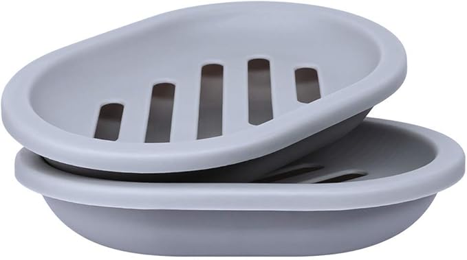Soap Dish with Water Drainage Design for Drying and Saving Soap, Bathroom Kitchen Sponges Holder (Grey - Oval) 2 Pack