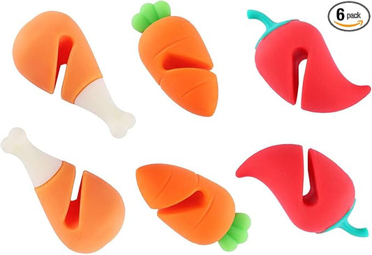 6 Pack Pot Lid Lifter Silicone Heat Resistant Spill Proof Pan Cover Stand Holder Clip Steam Releaser Stopper for Soup Pots Kitchen Gadgets (Carrot, Pepper, Chicken Leg 3 Style)