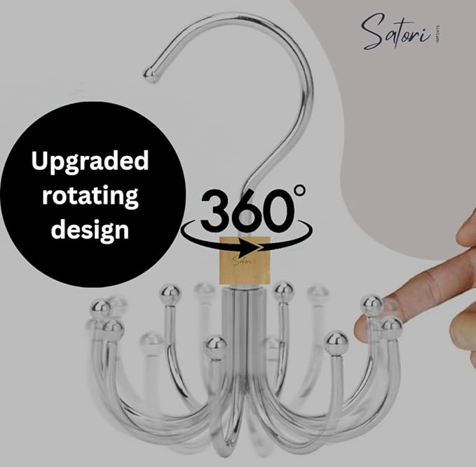 2 Pack, Rotating Belt Hanger Organizer for Closet, 12 Hooks Storage, Space Saving for Accessories, Bra, Tank Top, Tie, Scarf, Purse, Natural Wood and Metal