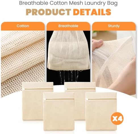 ABRRLO 4Pcs Cotton Mesh Laundry Bags for Delicates,Breathable Mesh Garment Bag for Washing Machine, Travel Wash Bags with Zipper for Bras, Underwear, Socks, Clothes, Laundry Dorm Room Essentials(S-XL) - Image 3