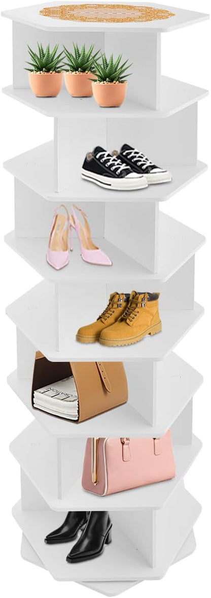 7-Tier Rotating Shoe Rack, 360° Spinning PVC Shoe Organizer with Hexagon Base, Free Standing Space Saving Design for Entryway, Cloakroom, Bedroom