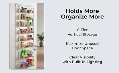 Over Door Organizer Storage - 8 Tier Black Metal Over the Door Pantry Organizer Heavy Duty Hanging Storage Rack, Behind Cabinet Shelves for Home, Kitchen, Bathroom, Closet, Pantry.