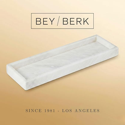Bey-Berk Atticus Marble Bath Tray (White), 14.25" x 3.75" x 4", Genuine Stone Vanity Organizer