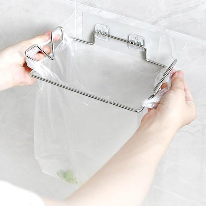 Cupboard Door Plastic Bag Holder with Metal Hanger for Over Door Use, Rubbish Bin Bag Holder Stainless Steel for Home Organization