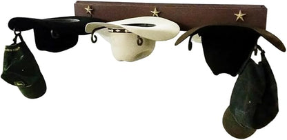 3-Hat Cowboy Hat Rack – Crown Down Wall Mount – Rust Finish with Gold Stars – American Made Steel