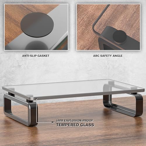 Hemudu Computer Monitor Stand Riser Multi Media Desktop Stand for Flat Screen LCD LED TV, Laptop/Notebook, with Tempered Glass and Metal Legs, Black HD02B-001U - Image 3