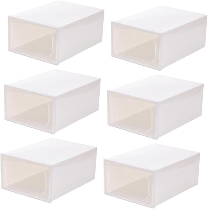 Gatuida 6pcs Large Plastic Shoe Storage Boxes with Flip- Design, Thickened Stackable Shoe Organizer for Closet Storage, Pearl White