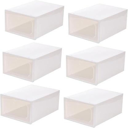 Gatuida 6pcs Large Plastic Shoe Storage Boxes with Flip- Design, Thickened Stackable Shoe Organizer for Closet Storage, Pearl White