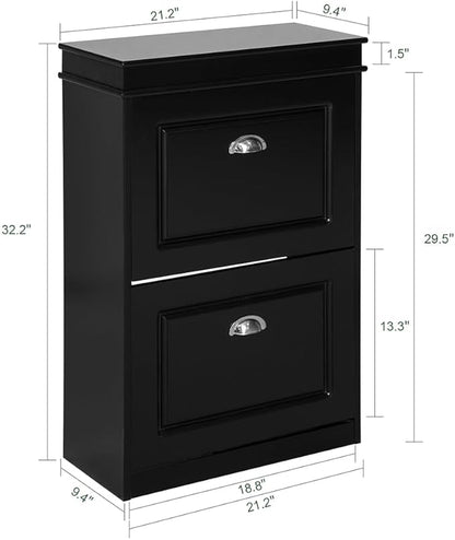 SoBuy Small Shoe Cabinet, Slim Shoe Rack 2 Flip-Drawers, Thin Shoe Storage Cupboard Organizer Unit for Entryway and Hallway, Black FSR78-SCH