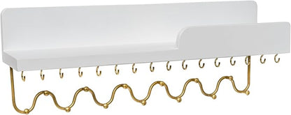 29 Hooks Wall Mount Necklace Holder Organizer, White Decorative Wood Jewelry Shelf with Gold Metal Wave Bar and Guardrail for Necklace, Pendant, Chain, Bracelet, White