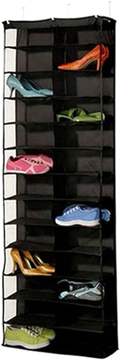 Over the Door Shoe Shelves 26 Section Space Saving Hanging Shoe Organizer with Hooks Clear Window Foldable Shoe Display Shelves Stand for Shoes Hat Toys Home (Black)